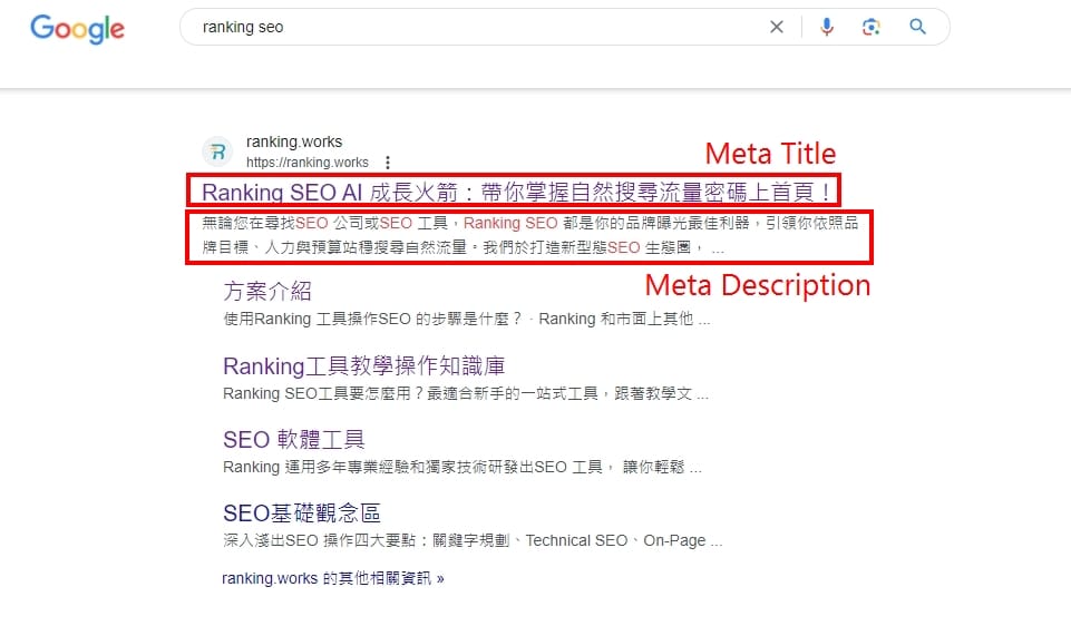 meta tilte meta description 搜尋結果頁的呈現方式